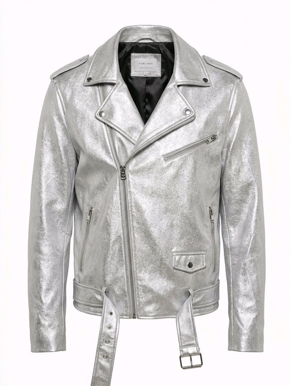 Zara Man Silver Metallic Moto Biker Jacket Men's Medium Faux Leather Zip Punk